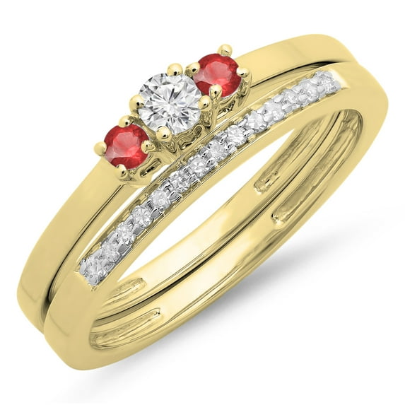 Dazzlingrock Collection 14K Round Ruby & White Diamond Bridal Engagement 3 Stone Ring Band Set, Yellow Gold, Size 8