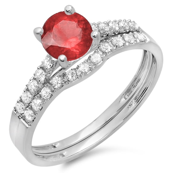Dazzlingrock Collection 14K Round Ruby & White Diamond Bridal Engagement Ring Set, White Gold, Size 7.5
