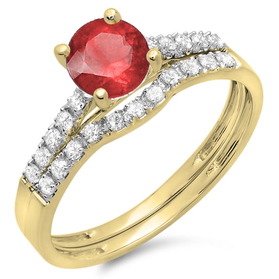 Dazzlingrock Collection 14K Round Ruby & White Diamond Bridal Engagement Ring Set, Yellow Gold, Size 8.5