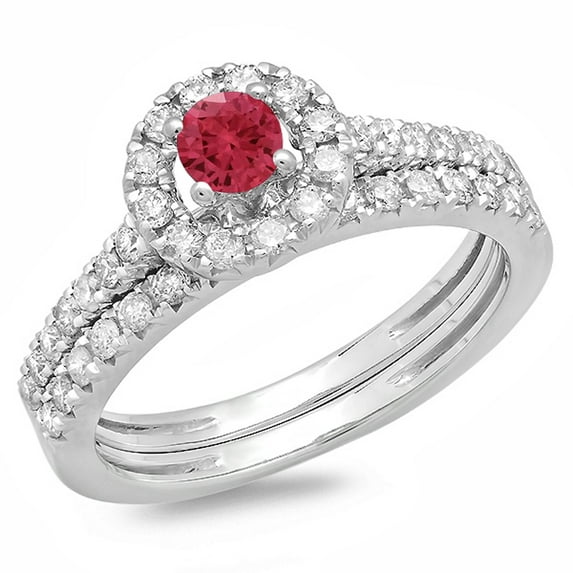 Dazzlingrock Collection 14K Round Ruby & White Diamond Bridal Halo Style Engagement Ring Band Set, White Gold, Size 10