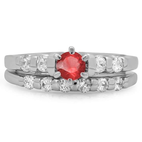 Dazzlingrock Collection 14K Round Ruby & White Diamond Bridal Solitaire With Accents Engagement Ring Set, White Gold, Size 8.5