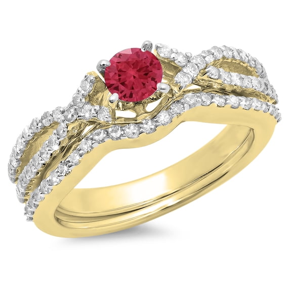 Dazzlingrock Collection 14K Round Ruby & White Diamond Bridal Swirl Split Shank Engagement Ring Set, Yellow Gold, Size 5