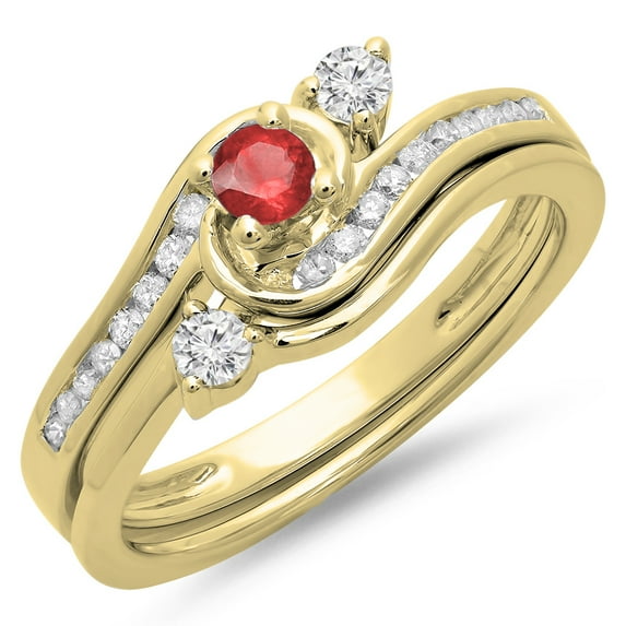 Dazzlingrock Collection 14K Round Ruby & White Diamond Bridal Twisted Swirl Engagement Ring Set, Yellow Gold, Size 8