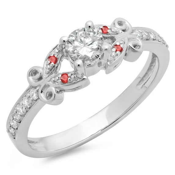 Dazzlingrock Collection 14K Round Ruby & White Diamond Bridal Unique Vintage Style Engagement Ring, White Gold, Size 4