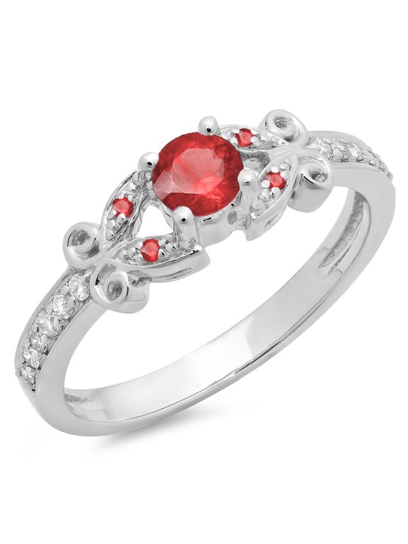 Collection 14K Round Ruby & White Diamond Bridal Unique Vintage Style Engagement Ring, White Gold, Size 6
