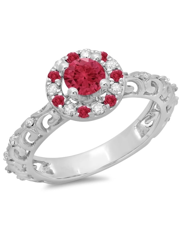 Collection 14K Round Ruby & White Diamond Bridal Vintage Halo Style Engagement Ring, White Gold, Size 4