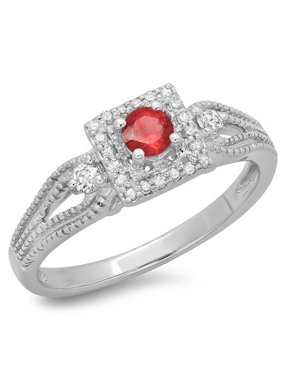 Collection 14K Round Ruby & White Diamond Bridal Vintage Halo Style Engagement Ring, White Gold, Size 7