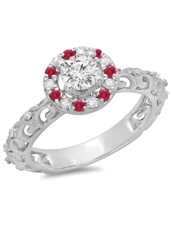 Collection 14K Round Ruby & White Diamond Bridal Vintage Halo Style Engagement Ring, White Gold, Size 7
