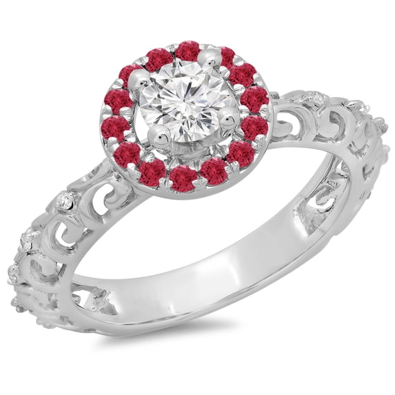 Dazzlingrock Collection 14K Round Ruby & White Diamond Bridal Vintage Halo Style Engagement Ring, White Gold, Size 9.5