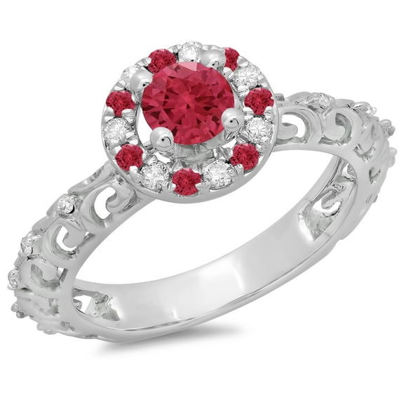 Dazzlingrock Collection 14K Round Ruby & White Diamond Bridal Vintage Halo Style Engagement Ring, White Gold, Size 9