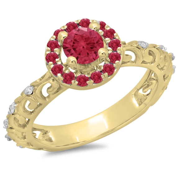 Dazzlingrock Collection 14K Round Ruby & White Diamond Bridal Vintage Halo Style Engagement Ring, Yellow Gold, Size 4.5