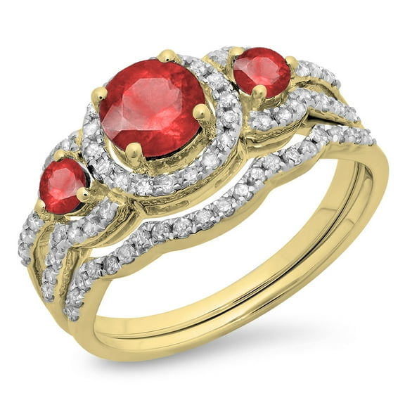 Dazzlingrock Collection 14K Round Ruby & White Diamond Ladies 3 Stone Halo Bridal Engagement Ring Set, Yellow Gold, Size 7