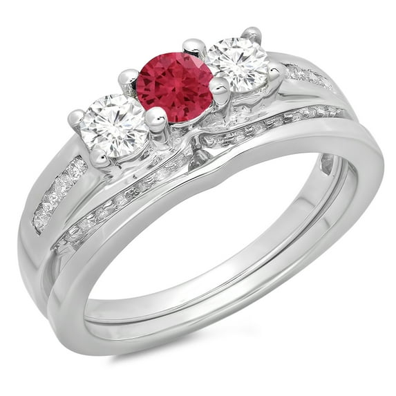 Dazzlingrock Collection 14K Round Ruby & White Diamond Ladies Bridal 3 Stone Engagement Ring Set, White Gold, Size 6.5