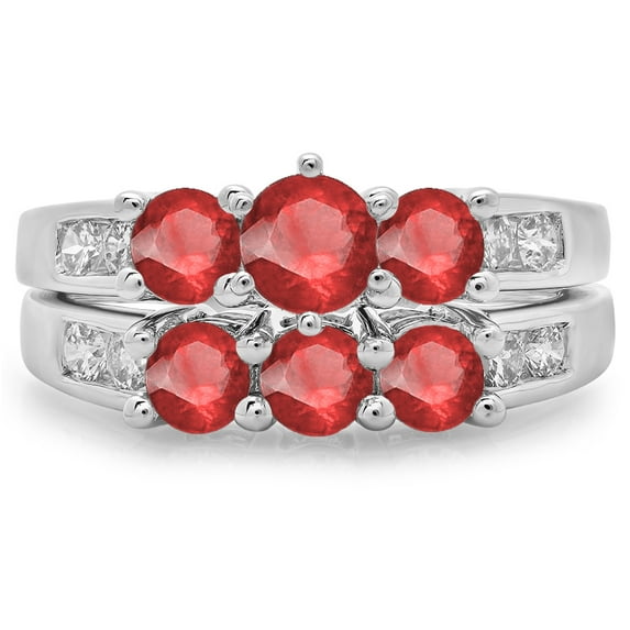 Dazzlingrock Collection 14K Round Ruby & White Diamond Ladies Bridal 3 Stone Engagement Ring Set, White Gold, Size 6.5