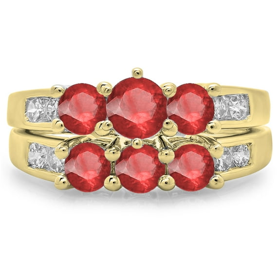 Dazzlingrock Collection 14K Round Ruby & White Diamond Ladies Bridal 3 Stone Engagement Ring Set, Yellow Gold, Size 6.5