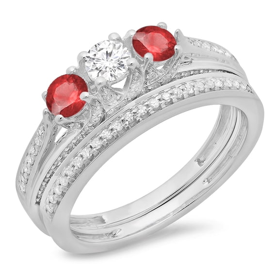 Dazzlingrock Collection 14K Round Ruby & White Diamond Ladies Bridal 3 Stone Engagement Ring With Band Set, White Gold, Size 7.5