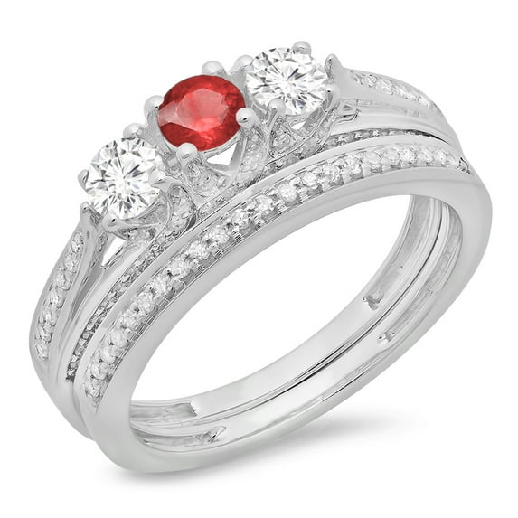 Dazzlingrock Collection 14K Round Ruby & White Diamond Ladies Bridal 3 Stone Engagement Ring With Band Set, White Gold, Size 8.5