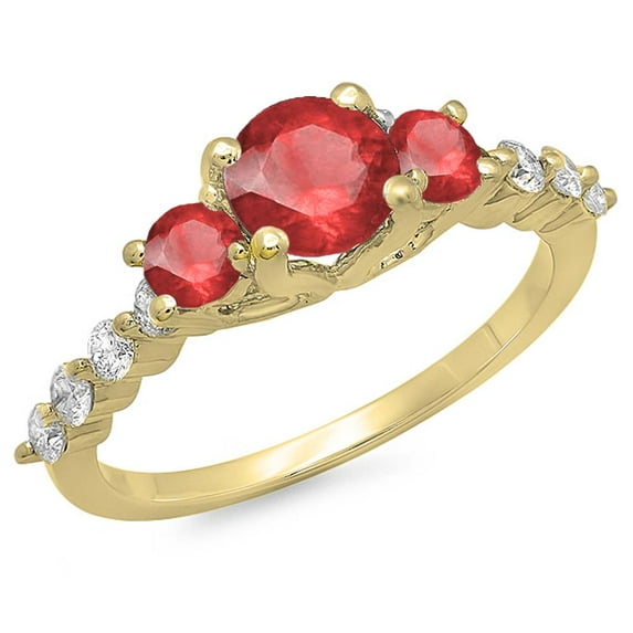 Dazzlingrock Collection 14K Round Ruby & White Diamond Ladies Bridal 3 Stone Engagement Ring, Yellow Gold, Size 10