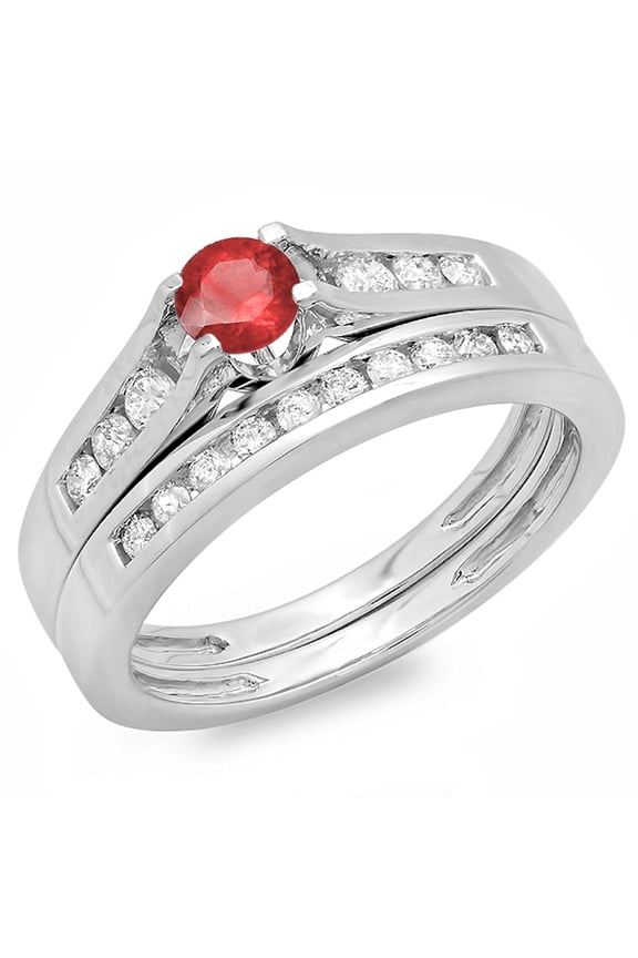 Collection 14K Round Ruby & White Diamond Ladies Bridal Engagement Ring Band Set, White Gold, Size 4.5