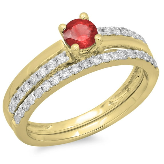 Dazzlingrock Collection 14K Round Ruby & White Diamond Ladies Bridal Engagement Ring Band Set, Yellow Gold, Size 5.5