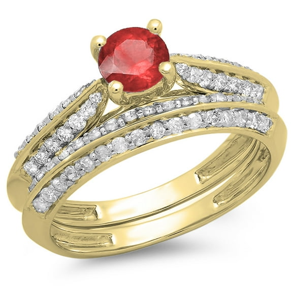 Dazzlingrock Collection 14K Round Ruby & White Diamond Ladies Bridal Engagement Ring Matching Band Set, Yellow Gold, Size 9