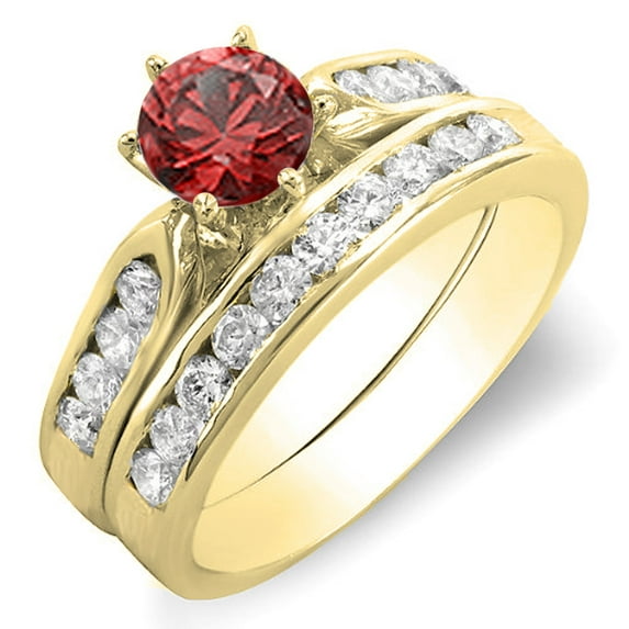 Dazzlingrock Collection 14K Round Ruby & White Diamond Ladies Bridal Engagement Ring Set, Yellow Gold, Size 8.5