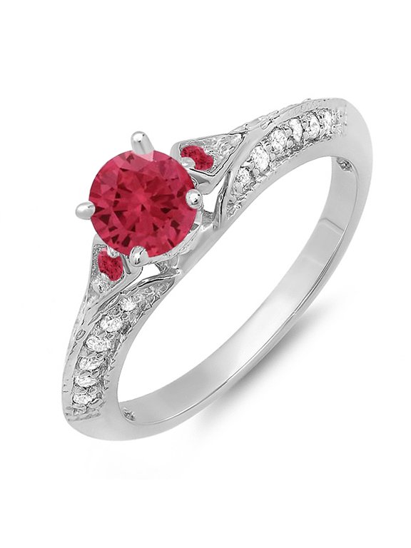 Collection 14K Round Ruby & White Diamond Ladies Bridal Engagement Ring, White Gold, Size 7