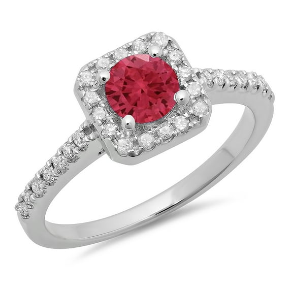 Dazzlingrock Collection 14K Round Ruby & White Diamond Ladies Bridal Halo Style Engagement Ring, White Gold, Size 10