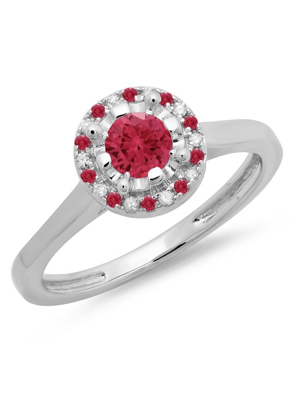 Collection 14K Round Ruby & White Diamond Ladies Bridal Halo Style Engagement Ring, White Gold, Size 4