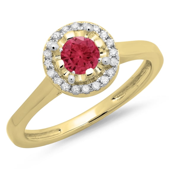 Dazzlingrock Collection 14K Round Ruby & White Diamond Ladies Bridal Halo Style Engagement Ring, Yellow Gold, Size 5