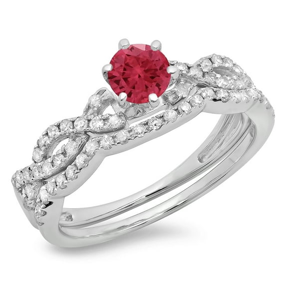 Dazzlingrock Collection 14K Round Ruby & White Diamond Ladies Bridal Twisted Swirl Engagement Ring Set, White Gold, Size 9