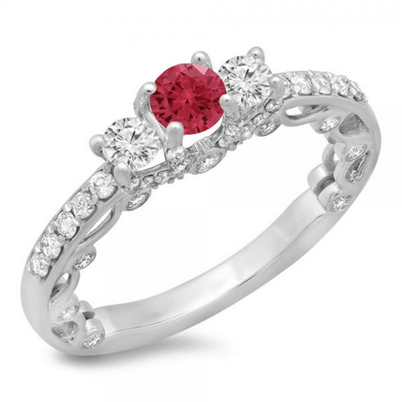 Dazzlingrock Collection 14K Round Ruby & White Diamond Ladies Bridal Vintage 3 Stone Engagement Ring, White Gold, Size 5.5