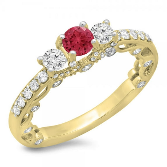 Dazzlingrock Collection 14K Round Ruby & White Diamond Ladies Bridal Vintage 3 Stone Engagement Ring, Yellow Gold, Size 7