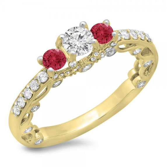 Dazzlingrock Collection 14K Round Ruby & White Diamond Ladies Bridal Vintage 3 Stone Engagement Ring, Yellow Gold, Size 8.5