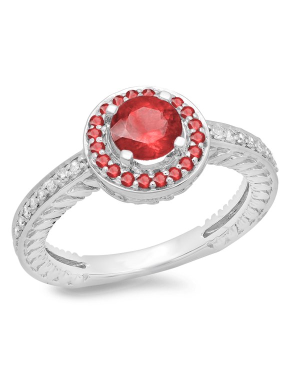 Collection 14K Round Ruby & White Diamond Ladies Bridal Vintage Halo Style Engagement Ring, White Gold, Size 4.5