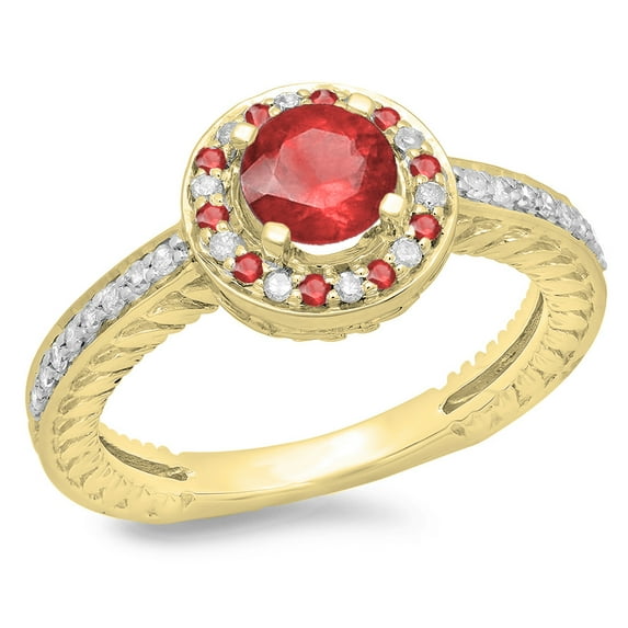 Dazzlingrock Collection 14K Round Ruby & White Diamond Ladies Bridal Vintage Halo Style Engagement Ring, Yellow Gold, Size 5