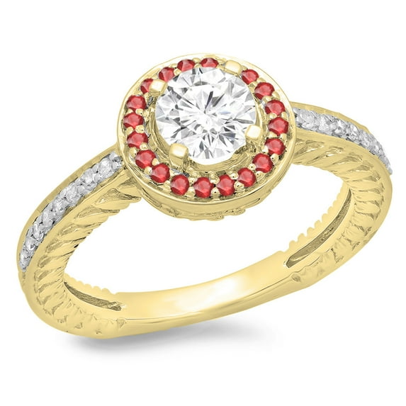 Dazzlingrock Collection 14K Round Ruby & White Diamond Ladies Bridal Vintage Halo Style Engagement Ring, Yellow Gold, Size 9.5