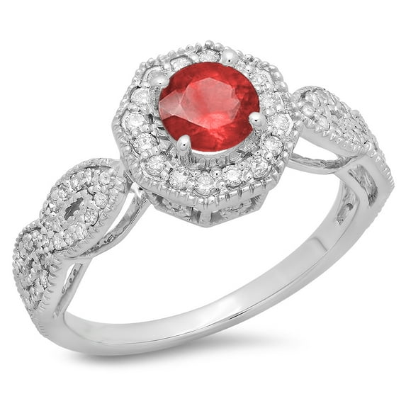 Dazzlingrock Collection 14K Round Ruby & White Diamond Ladies Bridal Vintage Style Halo Engagement Ring, White Gold, Size 6.5