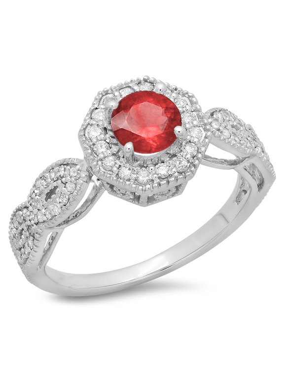 Collection 14K Round Ruby & White Diamond Ladies Bridal Vintage Style Halo Engagement Ring, White Gold, Size 7