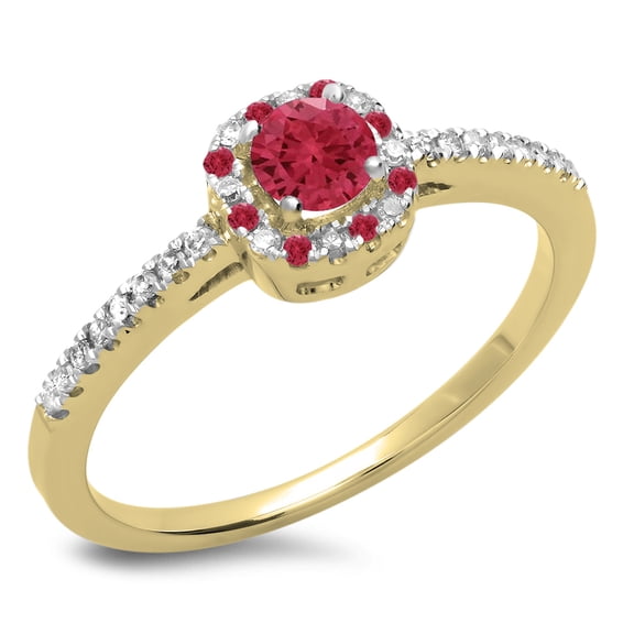Dazzlingrock Collection 14K Round Ruby & White Diamond Ladies Halo Style Bridal Engagement Ring, Yellow Gold, Size 7