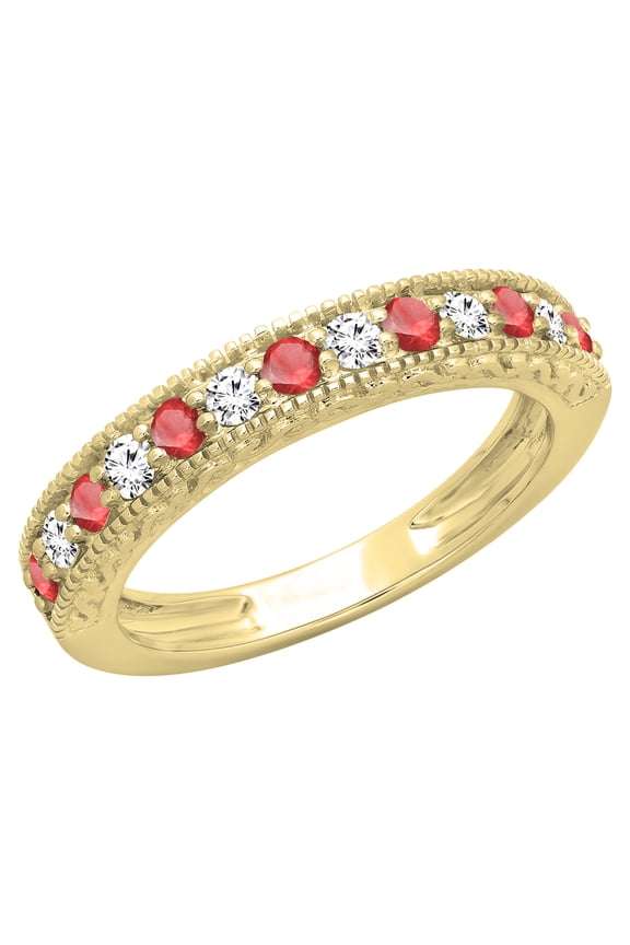 Collection 14K Round Ruby & White Diamond Ladies Millgrain Wedding Stackable Band, Yellow Gold, Size 7