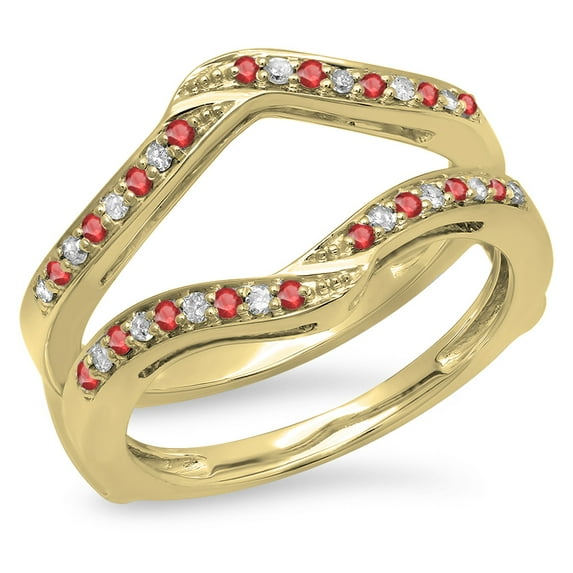 Dazzlingrock Collection 14K Round Ruby & White Diamond Ladies Wedding Band Enhancer Guard Double Ring, Yellow Gold, Size 7