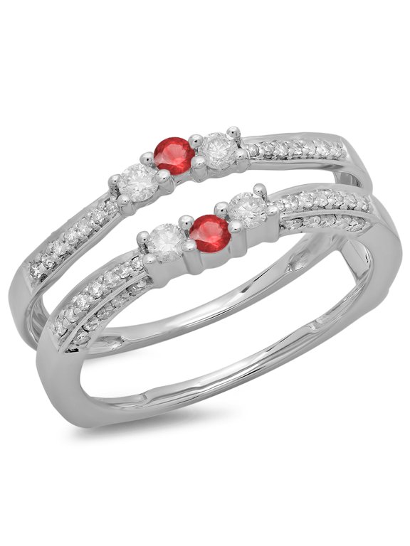 Collection 14K Round Ruby & White Diamond Ladies Wedding Band Enhancer Guard Ring, White Gold, Size 4