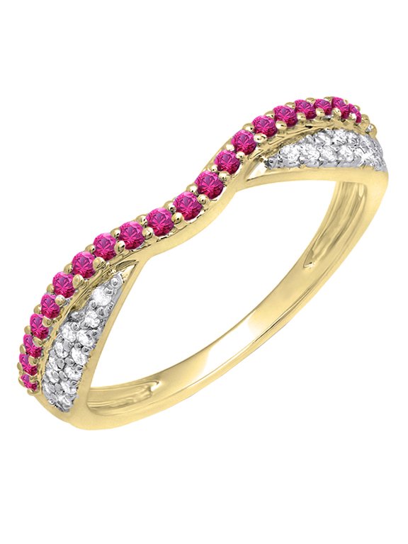 Collection 14K Round Ruby & White Diamond Ladies Wedding Band Stackable Ring, Yellow Gold, Size 6.5