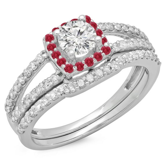 Dazzlingrock Collection 14K Round Ruby & White Diamond Split Shank Halo Bridal Engagement Ring Set, White Gold, Size 4