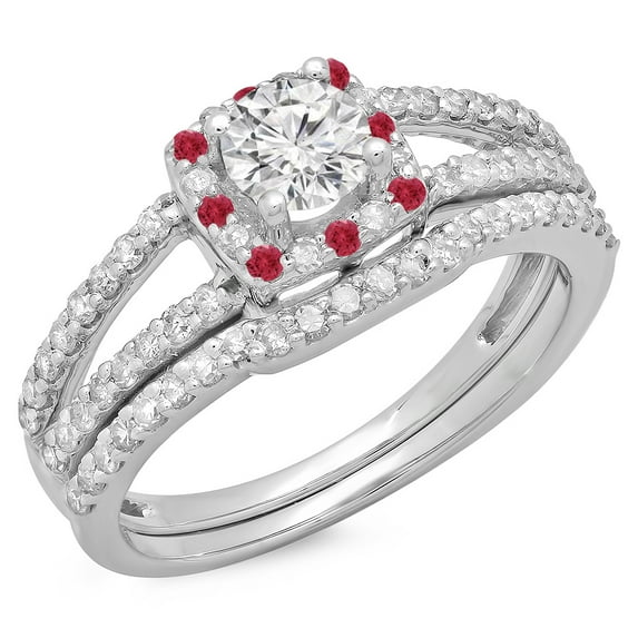 Dazzlingrock Collection 14K Round Ruby & White Diamond Split Shank Halo Bridal Engagement Ring Set, White Gold, Size 8