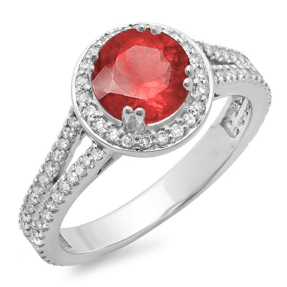 Dazzlingrock Collection 14K Round Ruby & White Diamond Split Shank Halo Engagement Ring, White Gold, Size 8