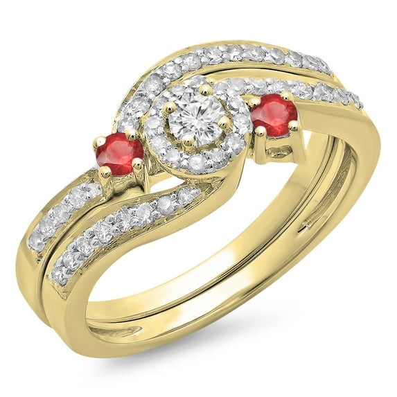 Dazzlingrock Collection 14K Round Ruby & White Diamond Twisted Swirl Bridal Halo Engagement Ring Set, Yellow Gold, Size 8.5