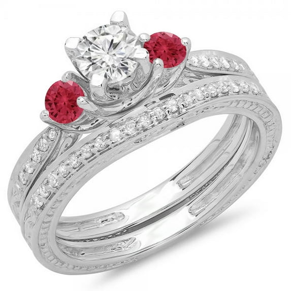 Dazzlingrock Collection 14K Round Ruby & White Diamond Vintage 3 Stone Bridal Engagement Ring Set, White Gold, Size 8.5
