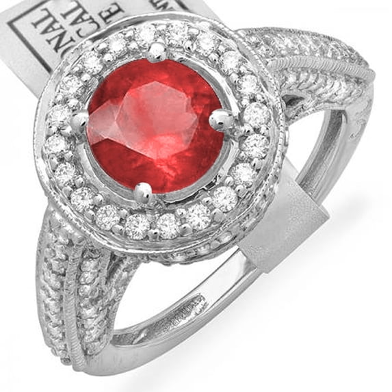 Dazzlingrock Collection 14K Round Ruby & White Diamond Vintage Halo Engagement Bridal Ring, White Gold, Size 7